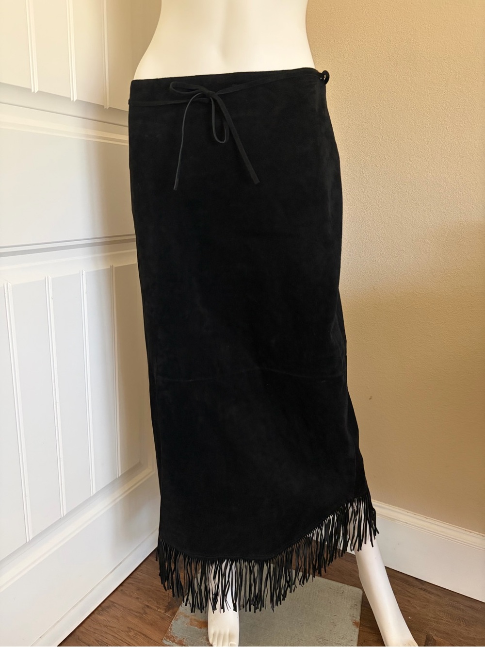Vintage 100% Leather Black Suede Fringe Western Boho Maxi Skirt